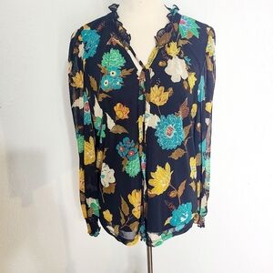 By Design Black Blouse, Teal & Gold Flowers, Tie @ Neck, Size Medium